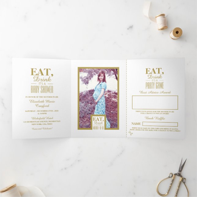 White & Gold Art Deco, Eat Drink Baby Shower Suite Tri-Fold Invitation (Inside)