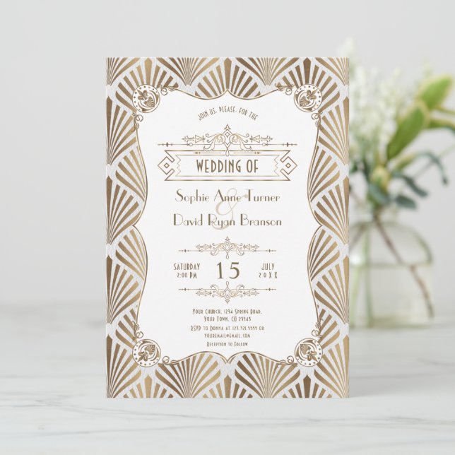 White Gold Art Deco White Gatsby 1920s Wedding  Invitation (Standing Front)