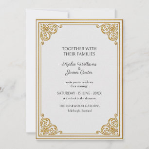 White Gold Art Nouveau Corner Wedding Invitation