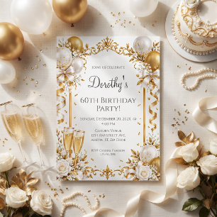 White Gold balloons champange senior birthday Invitation