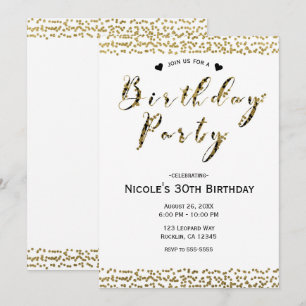 White Gold & Black Chic Modern Glam Birthday Party Invitation