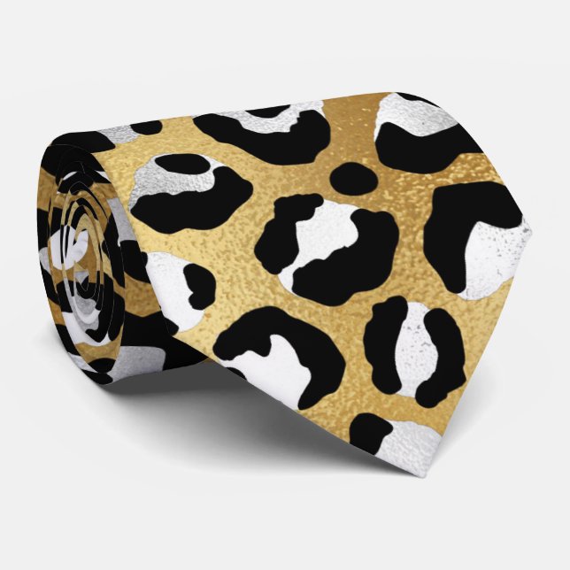 White gold black leopard print animal skin chic tie (Rolled)