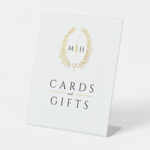 White gold black monogram wedding cards and gifts pedestal sign