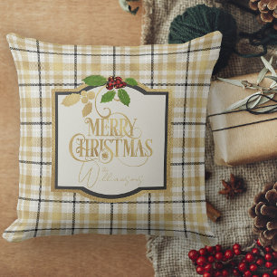 White Gold Black Plaid With Name Christmas Cushion