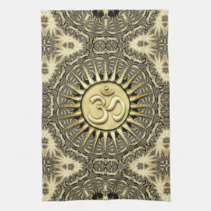 White Gold Black Solar OM Mandala Home Decor Tea Towel
