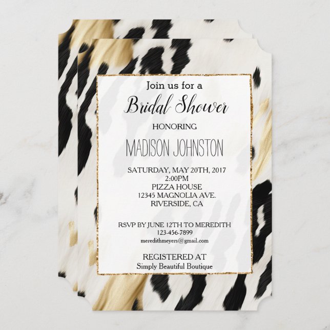 White Gold Black Southwest Cowhide Invitation (Front/Back)