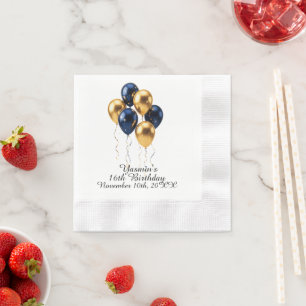 White Gold Blue Balloons Custom Name & Date Paper Napkin