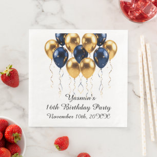 White Gold Blue Balloons Custom Name & Date Paper Napkin
