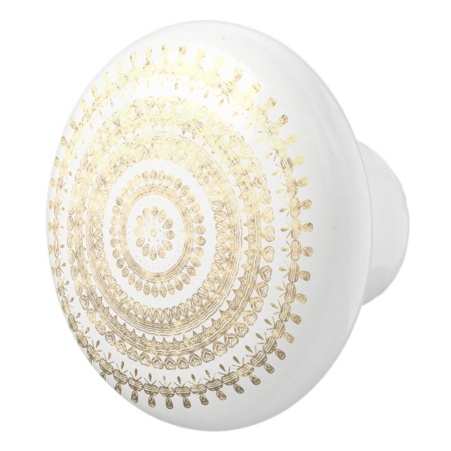 White Gold Boho Tribal Circle Mandala Metallic Eff Ceramic Knob (Right)
