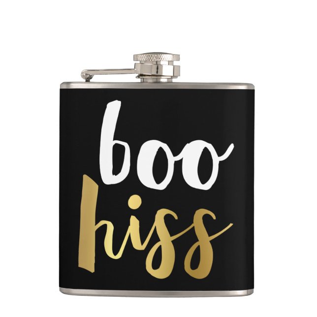 White & Gold Boo Hiss Flask (Front)