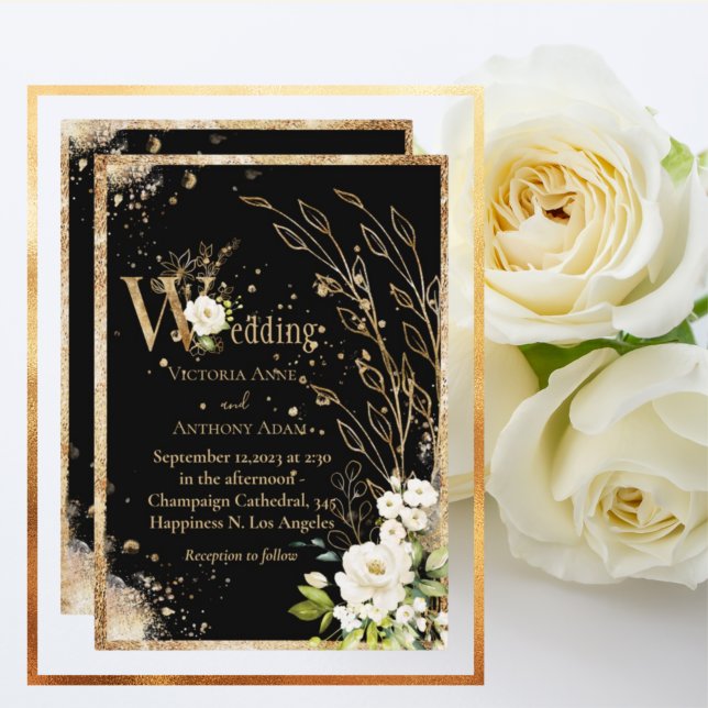 White Gold Botanical Floral Rustic Black Wedding  Invitation (Creator Uploaded)