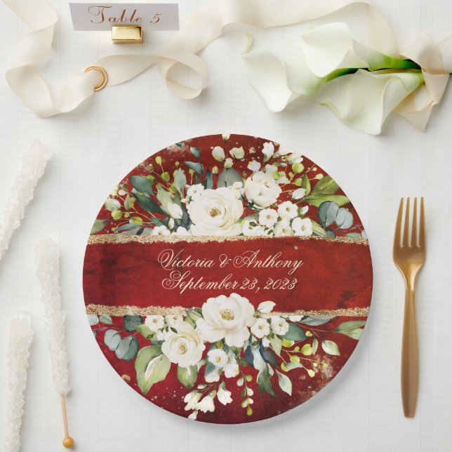 White Gold Botanical Floral Rustic Red Wedding  Pa Paper Plate (Wedding)