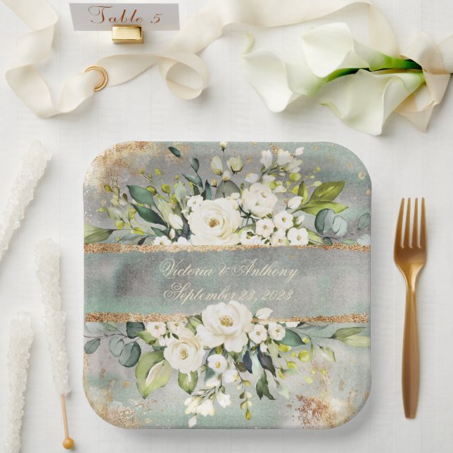 White Gold Botanical Floral Sage Green Wedding Paper Plate (Wedding)