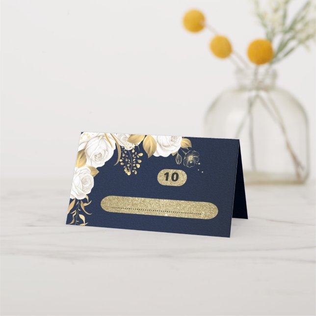 white gold botanical navy blue place card (Front)