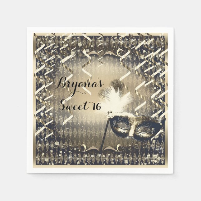 White Gold & Bronze Masquerade Mask Birthday Party Napkin (Front)