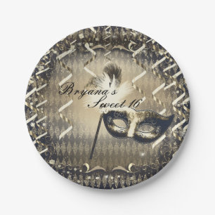 White Gold & Bronze Masquerade Mask Birthday Party Paper Plate