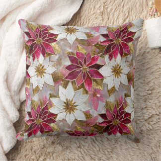 White Gold Burgundy Pink Christmas Poinsettias Cushion