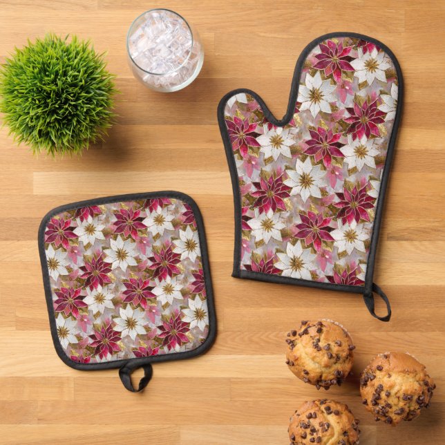 White Gold Burgundy Pink Christmas Poinsettias Oven Mitt & Pot Holder Set (Top Down)