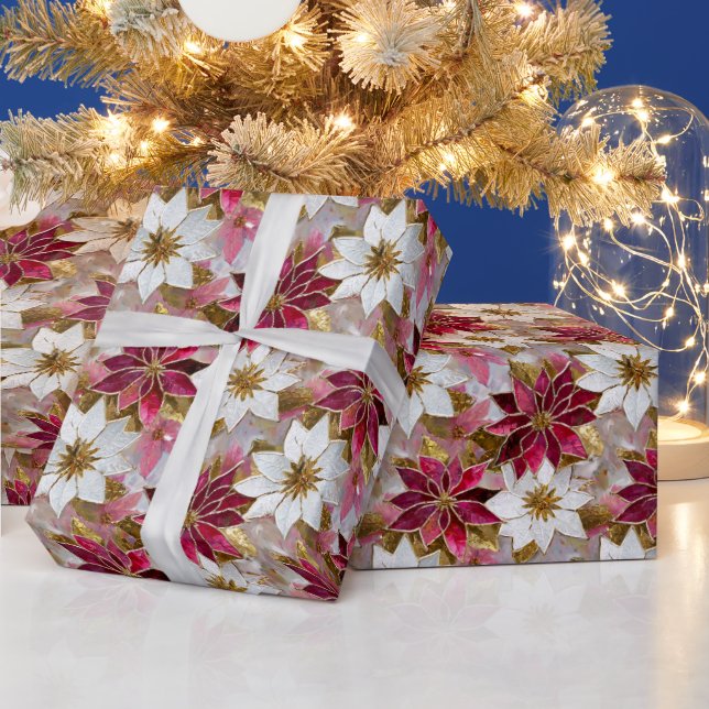 White Gold Burgundy Pink Christmas Poinsettias Wrapping Paper (Holidays)