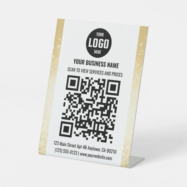 White & Gold Business QR Code Pedestal Sign (Front)