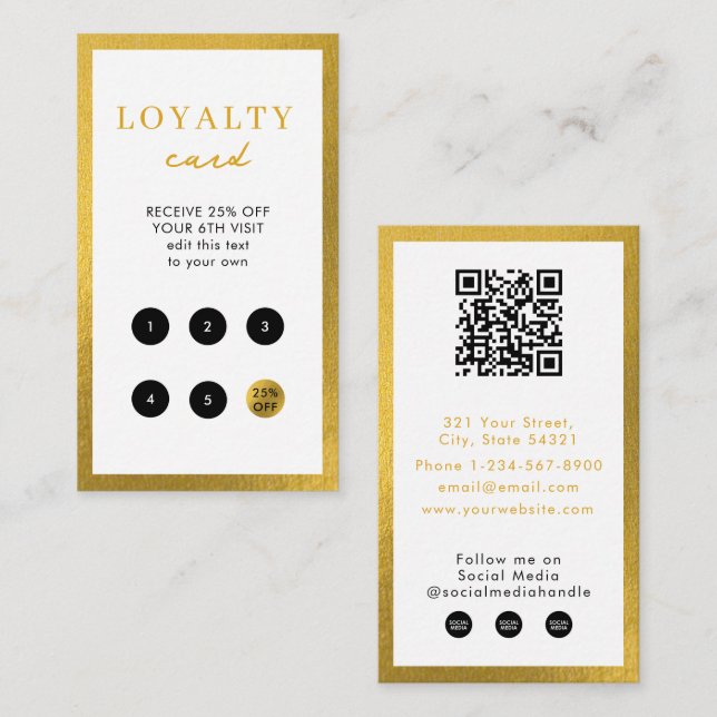 White Gold Business Simple QR Code Loyalty  Card (Front/Back)