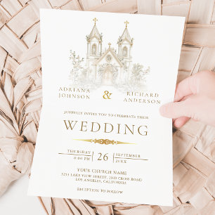 White Gold Catholic Church All in One Wedding Invitation