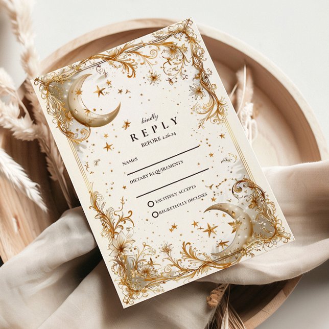 White Gold Celestial Moon & Stars Wedding RSVP Card (Creator Uploaded)