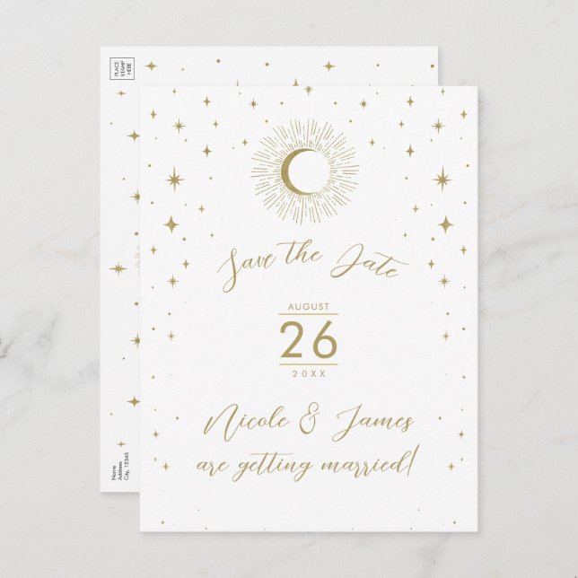 White Gold Celestial Sunburst Photo Save The Date Announcement Postcard (Front/Back)