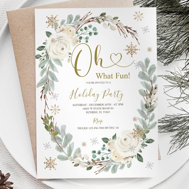 White Gold Christmas Floral Holiday Winter Party Invitation (Creator Uploaded)
