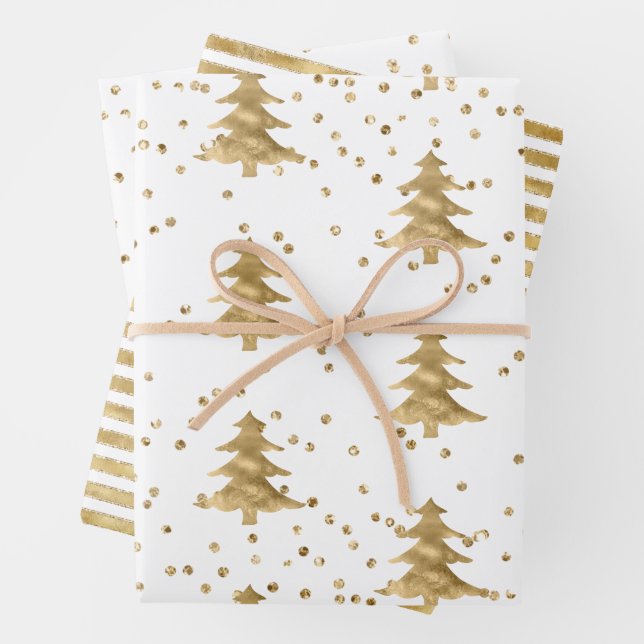 White Gold Christmas Tree Stripes Sparkle     Wrapping Paper Sheet (In situ)
