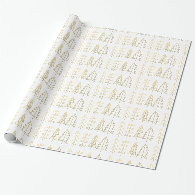 White Gold Christmas Trees Pattern Modern Wrapping Paper (Unrolled)