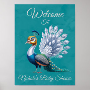 White Gold Colourful Peacock Baby Shower Welcome Poster