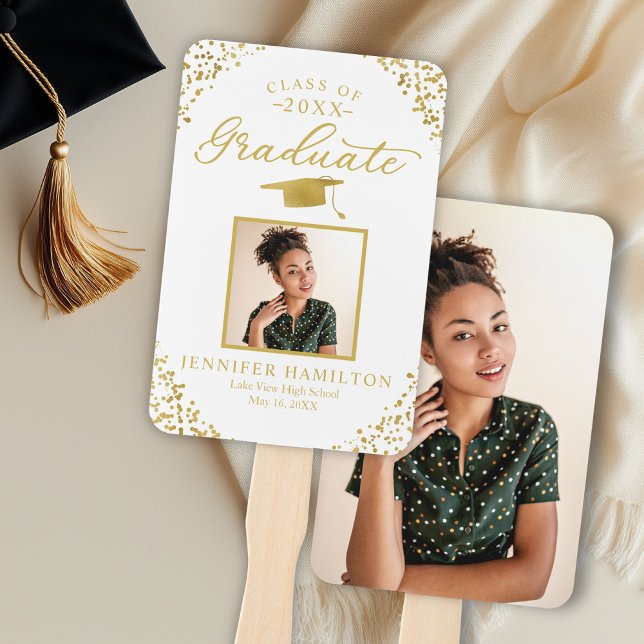 White Gold Confetti 2 Photo Graduation Hand Fan (Creator Uploaded)