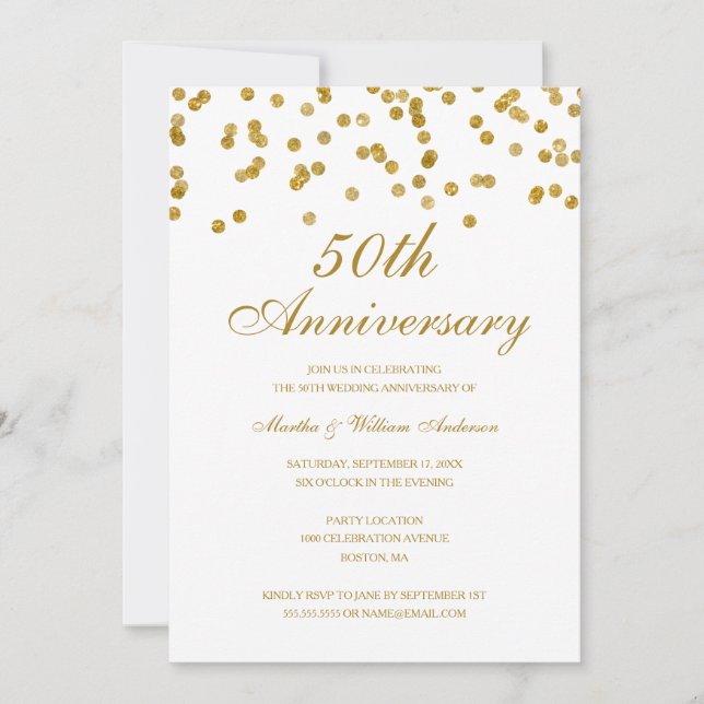White & Gold Confetti 50th Wedding Anniversary Invitation (Front)