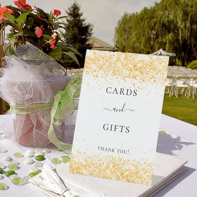 White gold confetti cards gifts sign (Creator Uploaded)