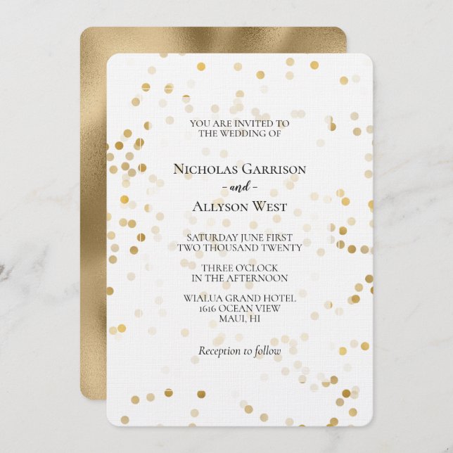 White Gold Confetti Dots Wedding Invitation (Front/Back)