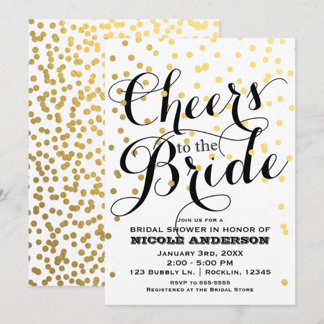 White & Gold Confetti Foil CHEERS Bridal Shower Invitation (Front/Back)