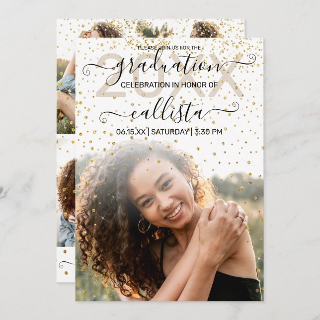 White Gold Confetti Photo Collage Graduation Invitation (Front/Back)
