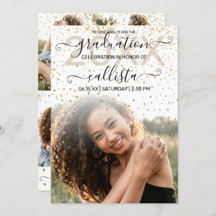 White Gold Confetti Photo Collage Graduation Invitation