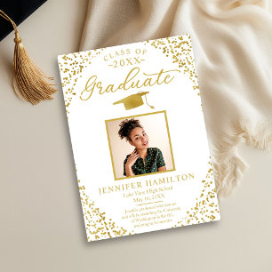 White Gold Confetti Photo Graduation Announcement 