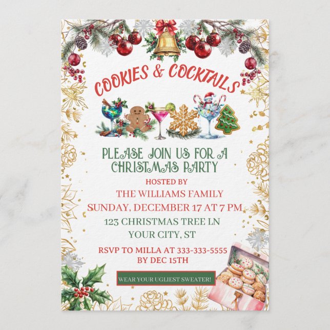 White & Gold Cookies & cocktails Holiday  Invitation (Front)