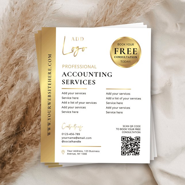 White & Gold Corporate Business QR Code Marketing Flyer (Promote your services with this professional gold effect marketing flyer design)