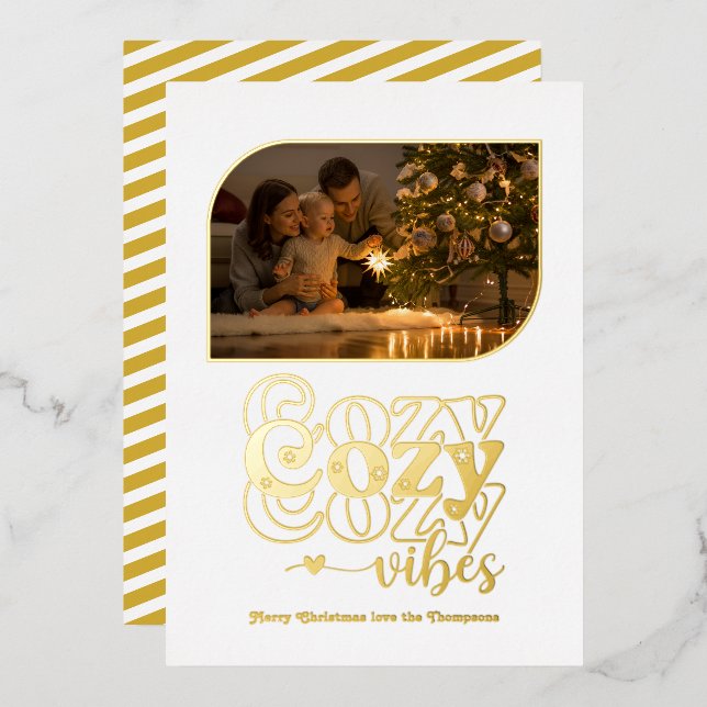 White & Gold Cosy Vibes Retro Christmas Photo (Front/Back)