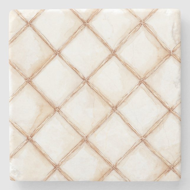 White Gold Cream Stripes Squares Stone Coaster (Front)