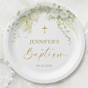 White & Gold Cross Floral Baptism Round Paper Plate