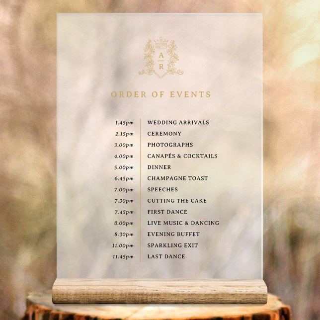 White gold crown monogram order of events wedding acrylic sign (Creator Uploaded)