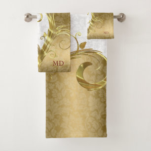 White & Gold Damask Bath Towel Set