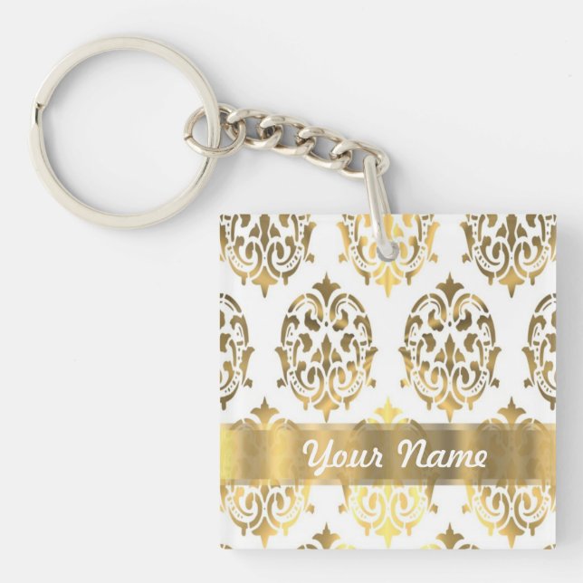 White & gold damask key ring (Front)