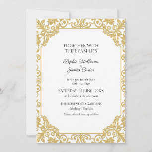 White Gold Damask Scroll Wedding Invitation