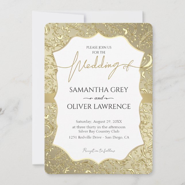 White & Gold Damask Wedding Invitation (Front)